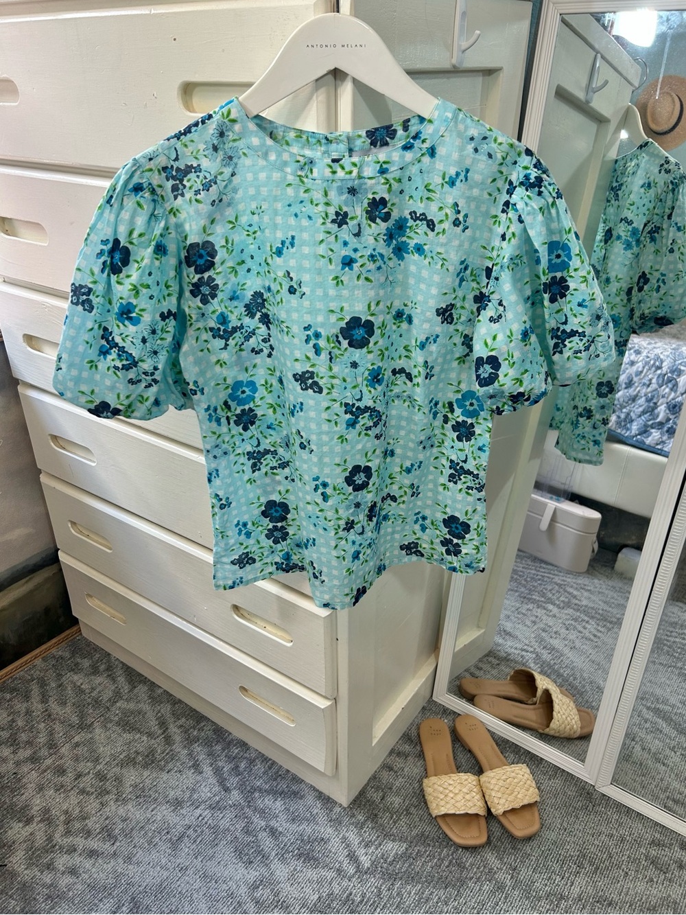 100% Cotton Floral Puff-Sleeve Gingham Spring Summer Top Adorable Blouse✨